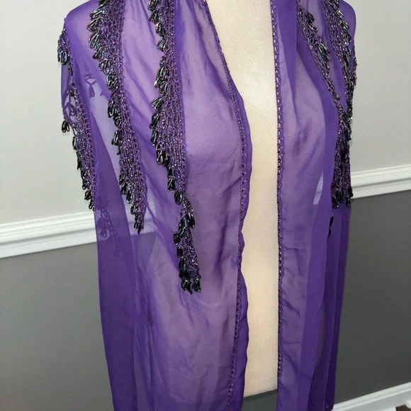 Elegant Purple Sheer Shawl with Beaded Fringe - Picture 2 of 6